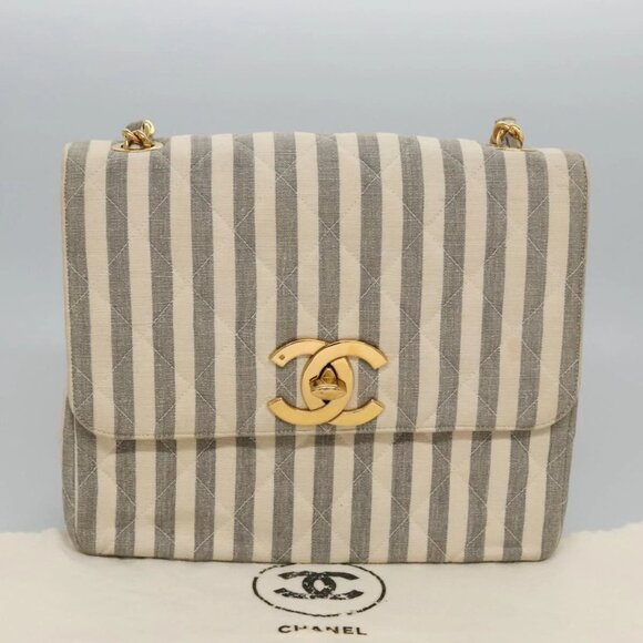 CHANEL Striped Matelasse Chain Shoulder Bag Canvas White Gray CC Auth - Picture 1 of 16